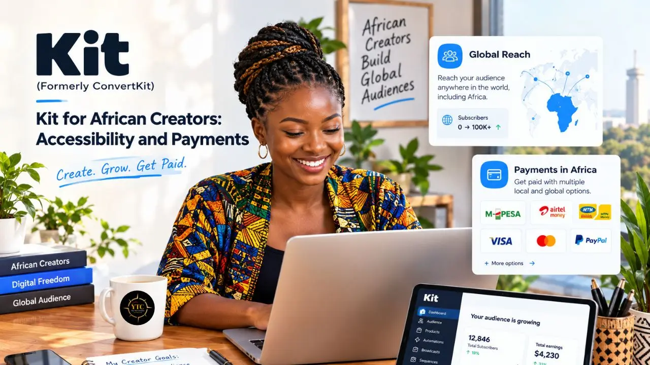 A woman works at a laptop beside a tablet showing Kit creator stats; graphics read “Kit for African Creators: Accessibility and Payments” and “Create. Grow. Get Paid.”