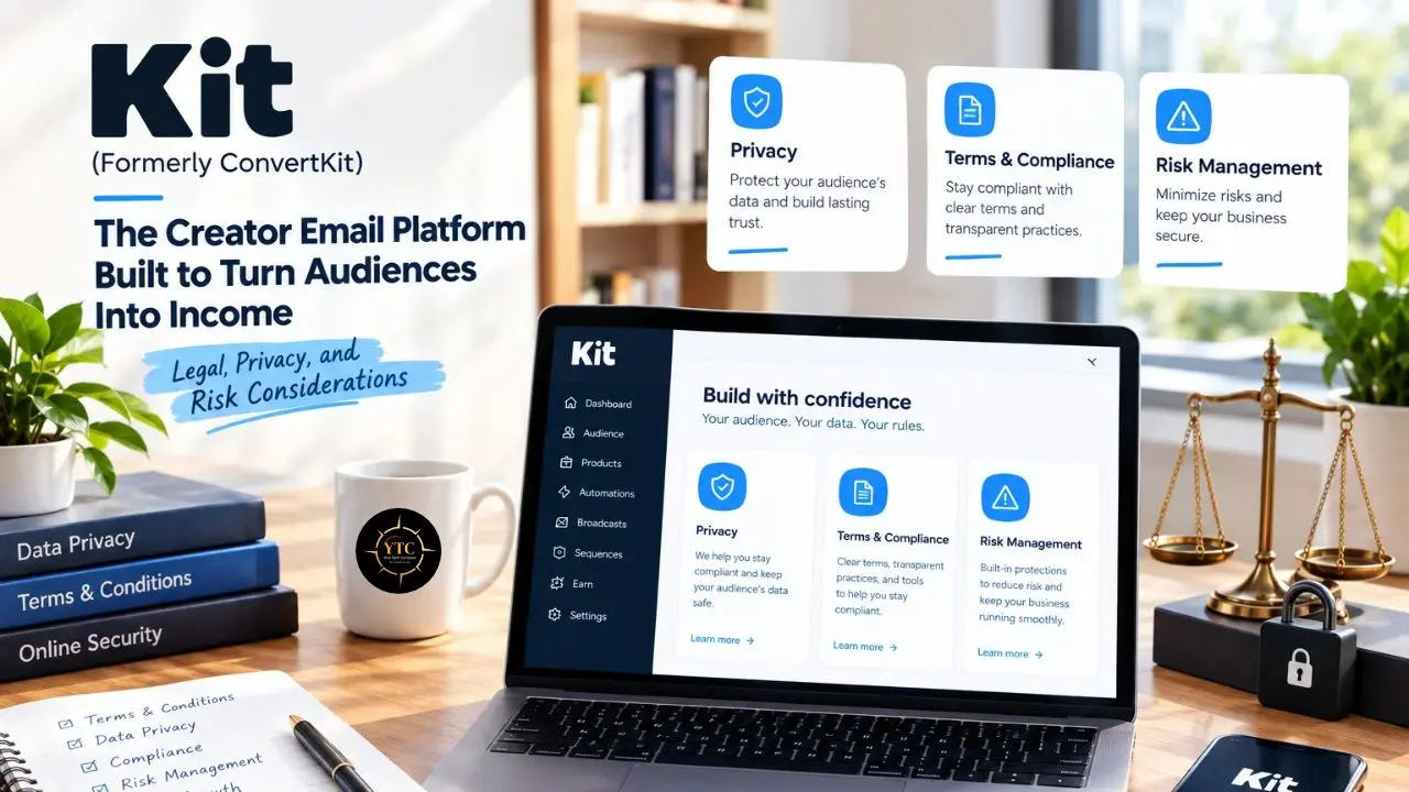 A desk display promotes Kit, formerly ConvertKit, with a laptop showing privacy, terms and compliance, and risk management tools beside legal books and scales.