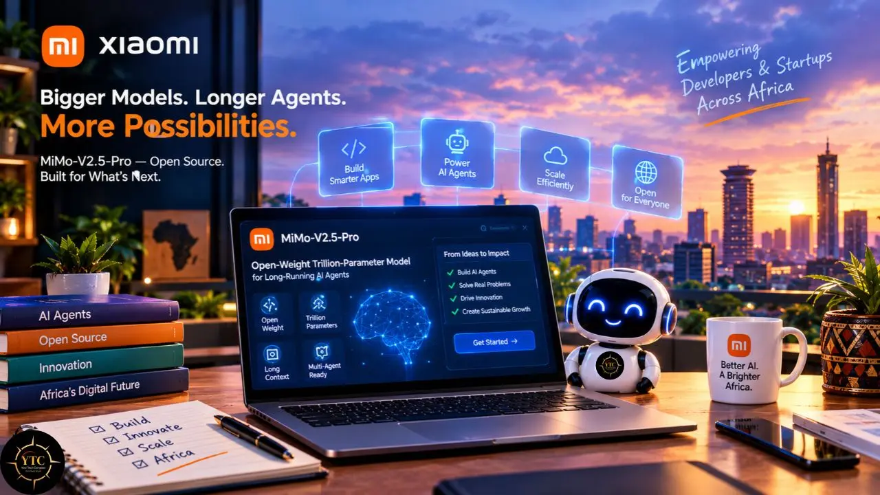 Xiaomi MiMo-V2.5-Pro AI promotion shows a laptop, robot, coffee mug and books before a sunset city skyline, with text about open-source AI agents and Africa.