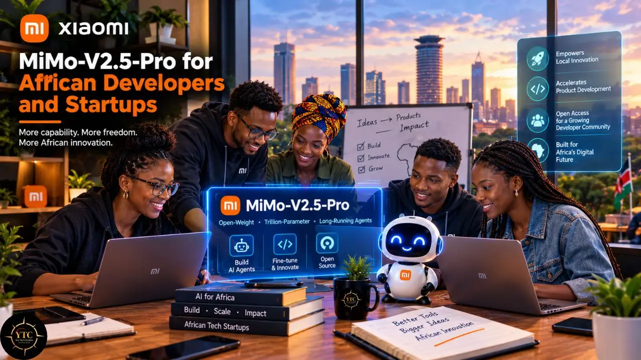 African developers work around laptops with a small robot; Xiaomi headline reads “MiMo-V2.5-Pro for African Developers and Startups.”