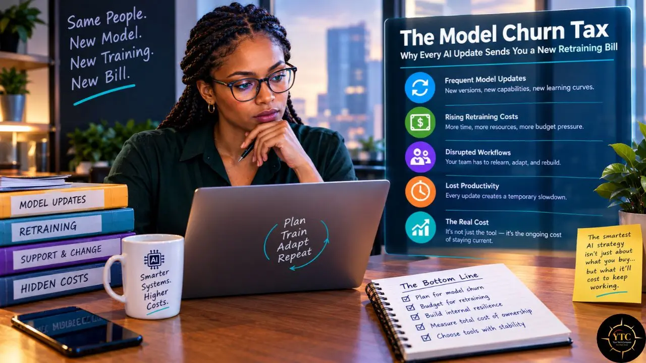 A woman studies a laptop beside books and a chart titled “The Model Churn Tax,” with notes about AI updates, retraining costs, and productivity.