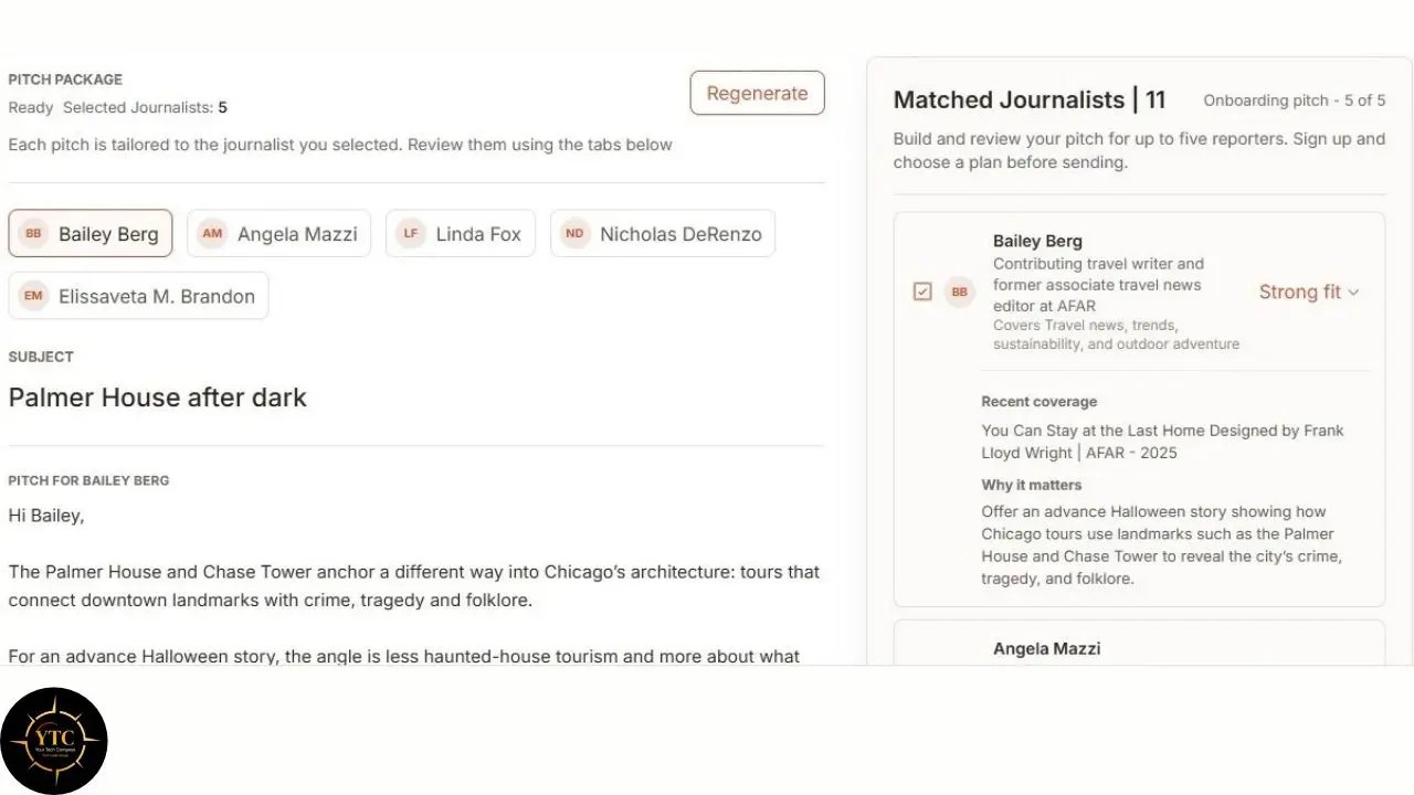 A pitch dashboard shows “Palmer House after dark,” five selected journalists, and 11 matched journalists, with Bailey Berg marked “Strong fit.”