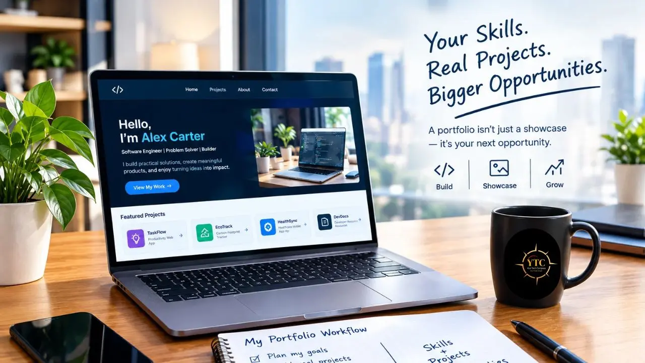 A laptop displaying Alex Carter’s software engineering portfolio sits on a desk beside a notebook, phone, plant, and mug; a sign reads “Your Skills. Real Projects. Bigger Opportunities.”