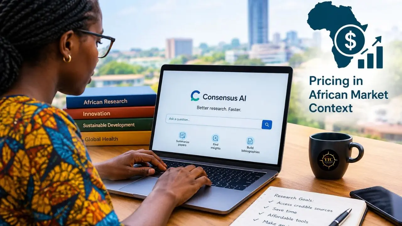 A woman uses a laptop displaying Consensus AI beside research books and a checklist; a graphic reads “Pricing in African Market Context.”