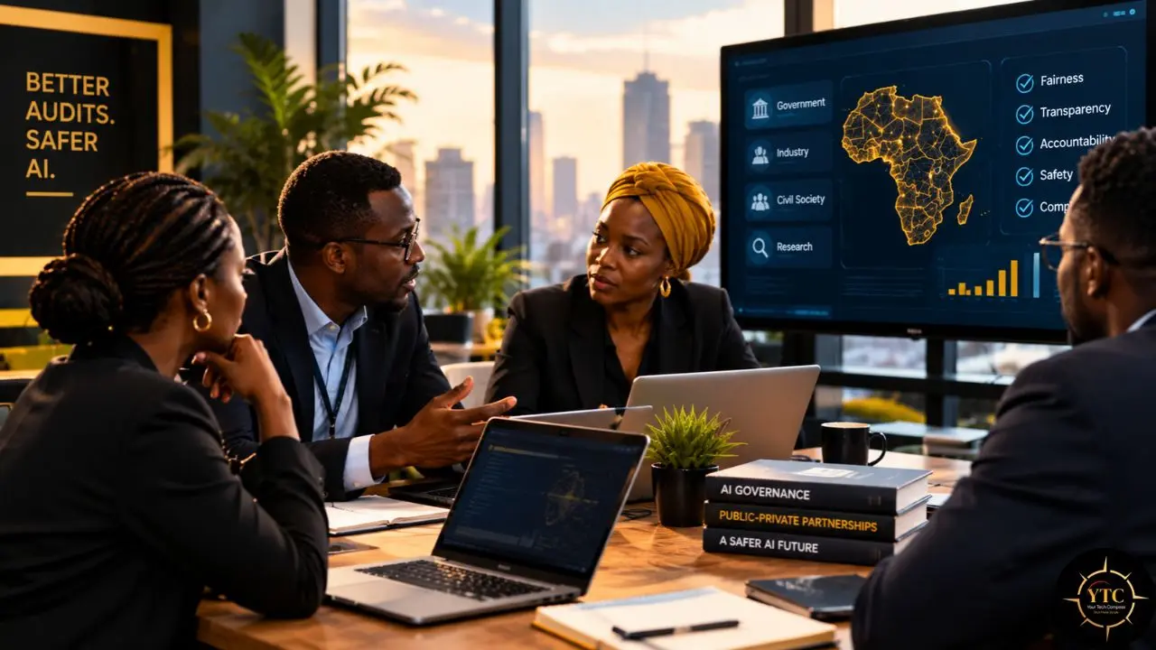 Four professionals discuss AI governance around a conference table; a screen shows a map of Africa and principles including fairness, transparency, accountability, and safety, beside “Better audits. Safer AI.”