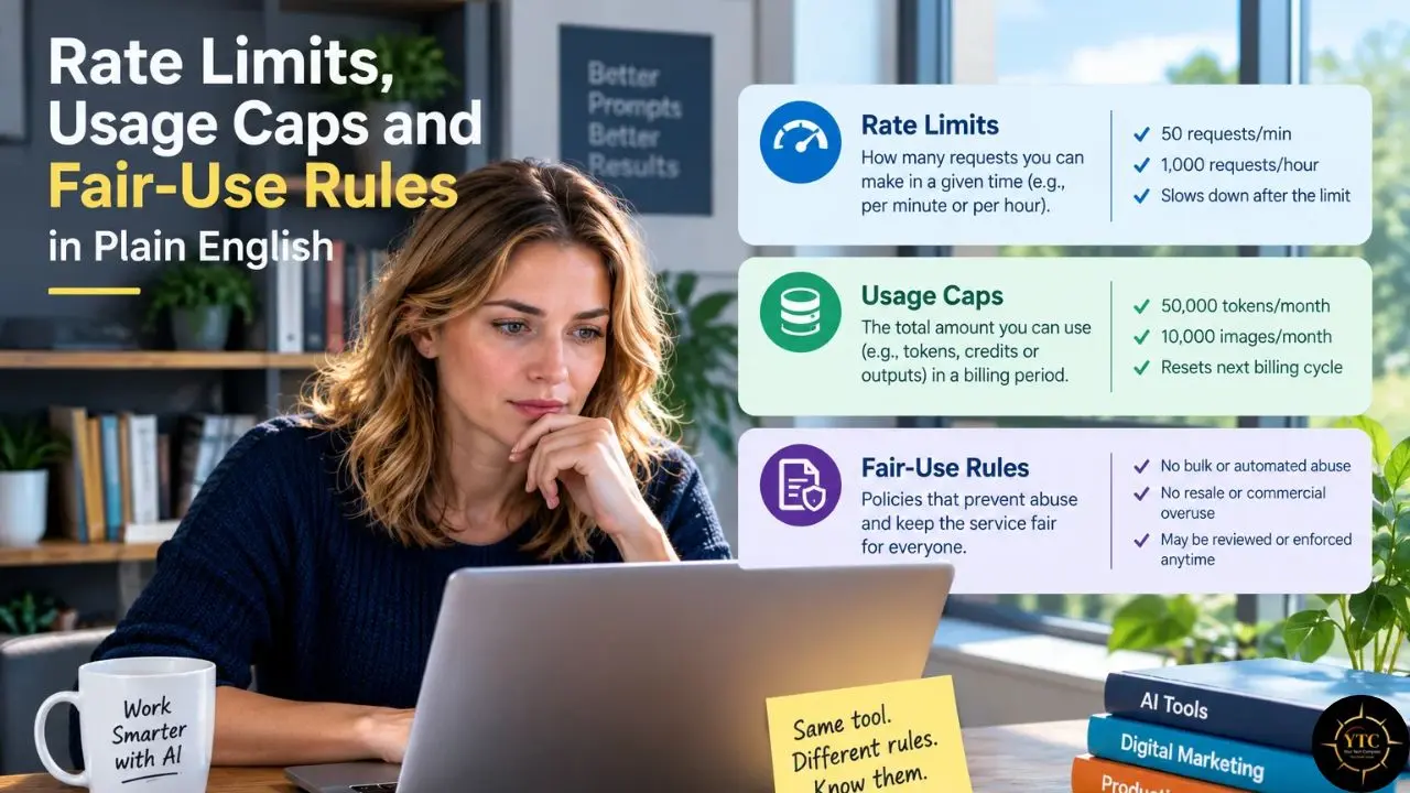 A woman uses a laptop beside a mug labeled “Work Smarter with AI,” with a graphic explaining rate limits, usage caps, and fair-use rules.