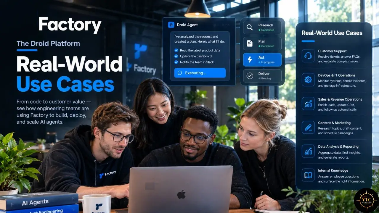 Four coworkers gather around a laptop in an office beneath text reading “Factory: Real-World Use Cases,” with an AI agent workflow and use-case list overlaid.