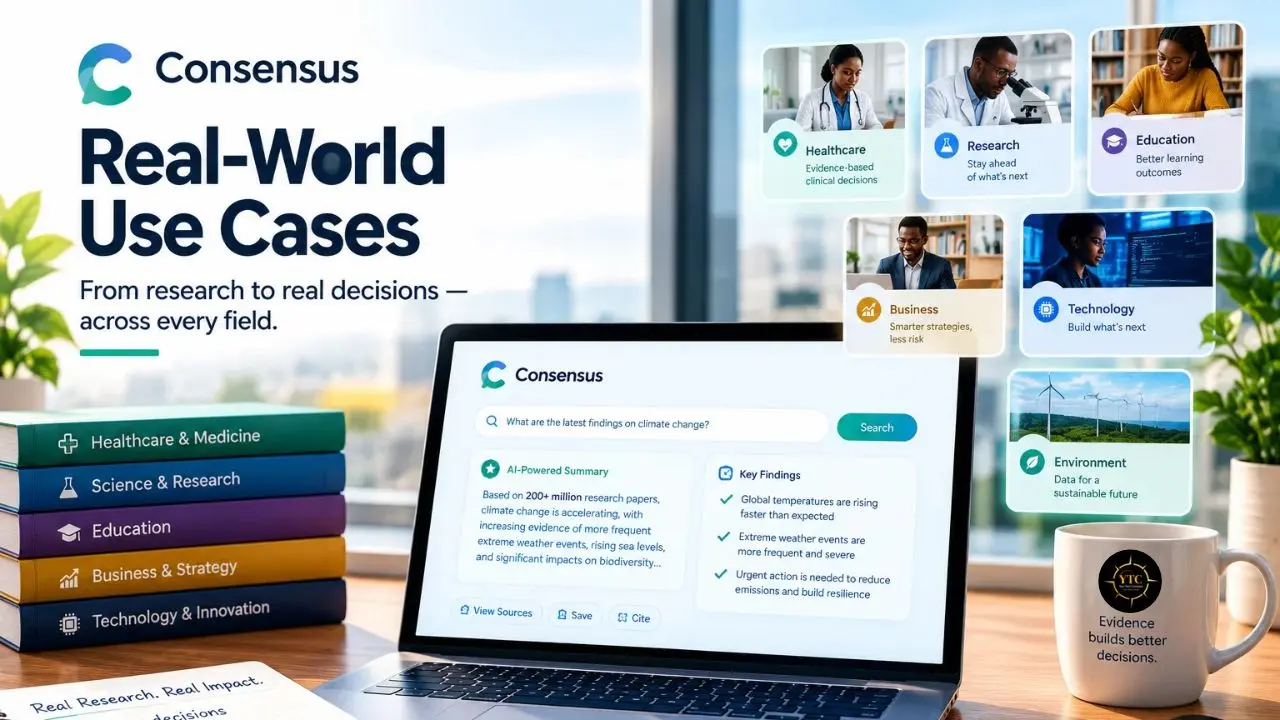 A Consensus “Real-World Use Cases” display shows books on a desk beside a laptop with a climate-change research summary and cards for six fields.