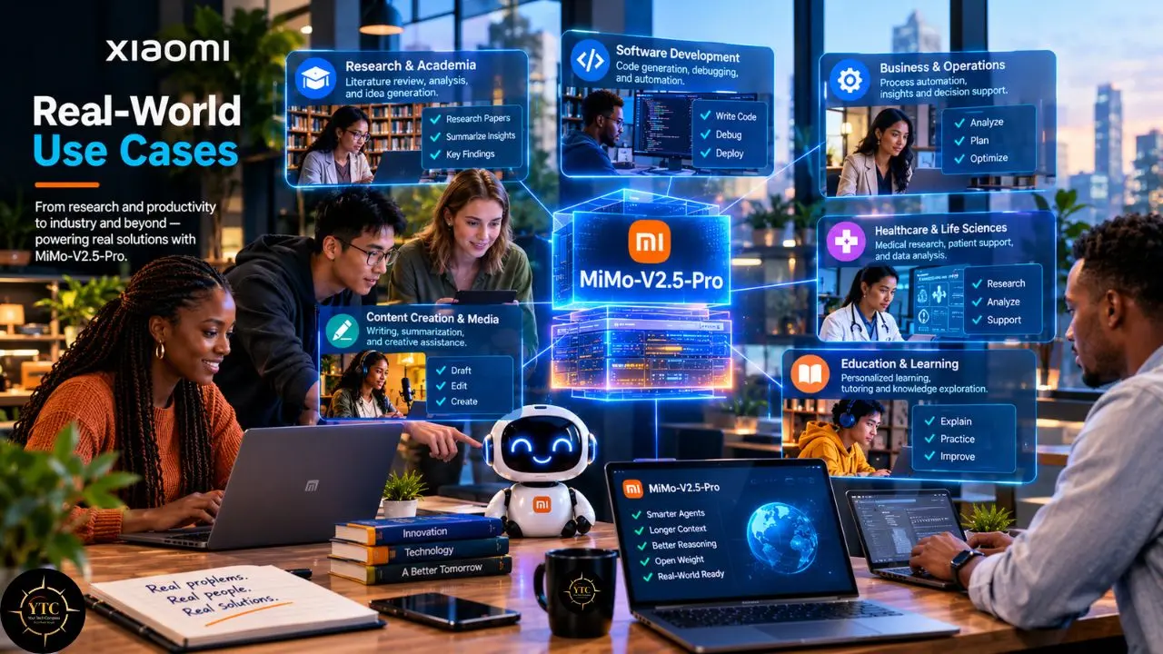 Xiaomi graphic titled “Real-World Use Cases” shows people working with a robot and laptops around MiMo-V2.5-Pro, with panels for research, software, business, healthcare, education, and media.