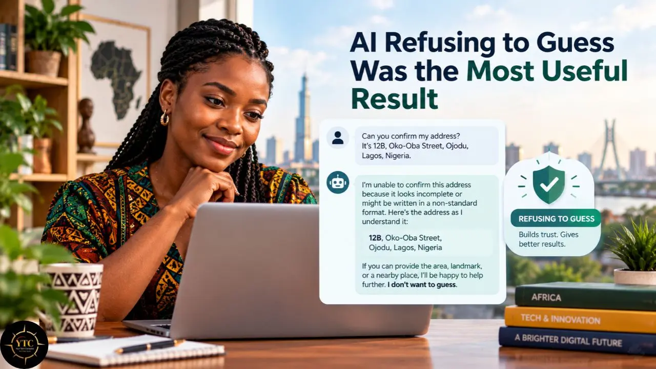 A woman works at a laptop beside a chat example about verifying an address, under the headline “AI Refusing to Guess Was the Most Useful Result.”