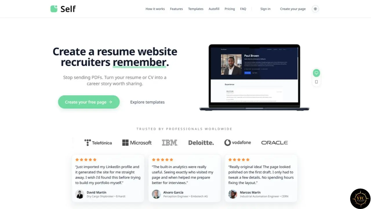 Self website landing page promotes a resume site builder with a laptop preview, a green “Create your free page” button, company logos, and three customer reviews.
