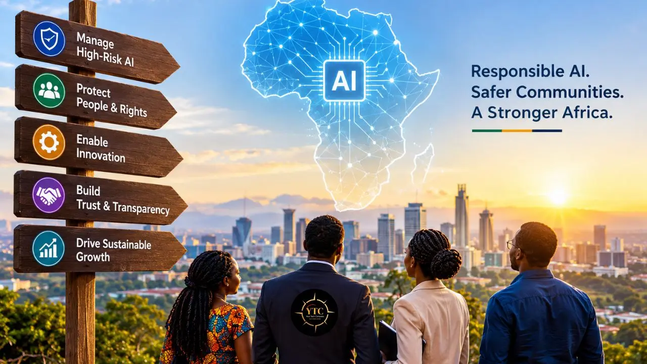 Four people face an African city skyline beneath a glowing AI map of Africa; a sign lists five responsible AI goals, beside “Responsible AI. Safer Communities. A Stronger Africa.”