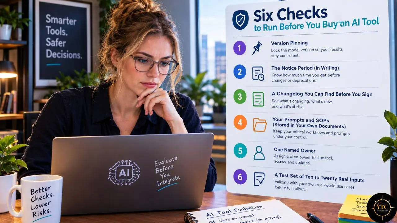 A woman studies a laptop labeled “Evaluate Before You Integrate” beside a checklist titled “Six Checks to Run Before You Buy an AI Tool.”