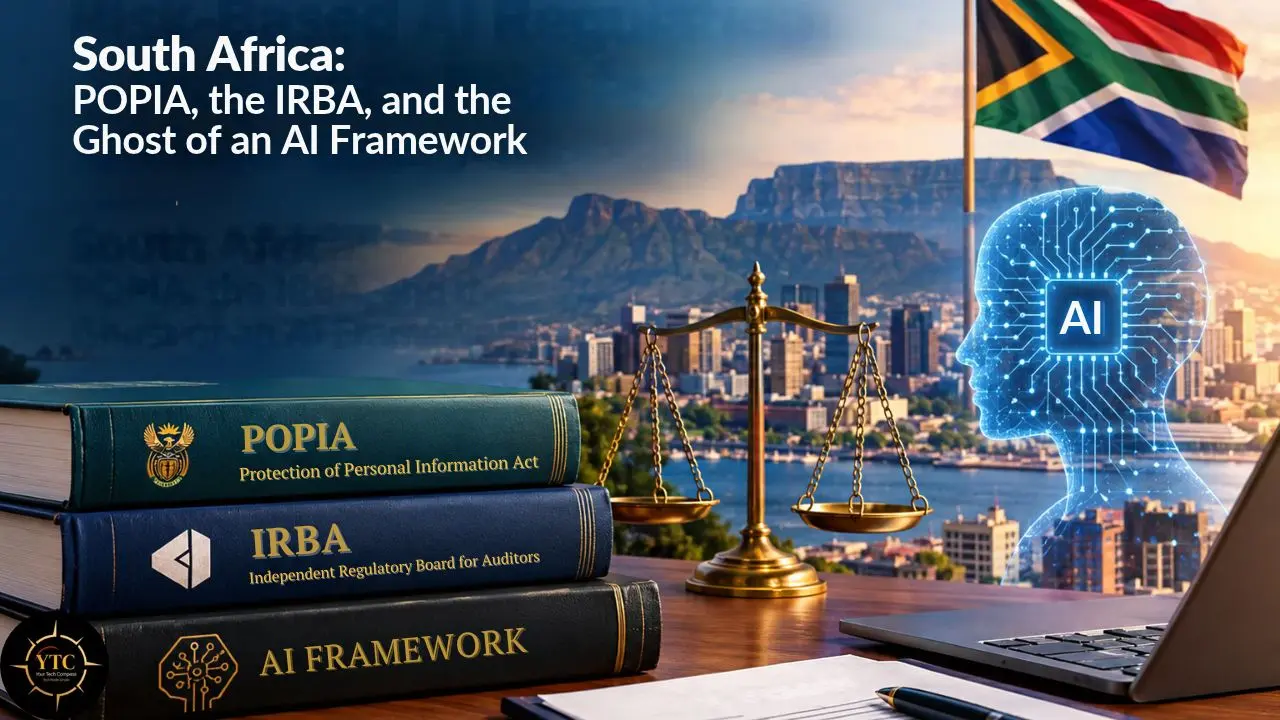 Books labeled POPIA, IRBA, and AI Framework sit beside scales and a laptop, with an AI head, South African flag, and Cape Town skyline; headline reads “South Africa: POPIA, the IRBA, and the Ghost of an AI Framework.”
