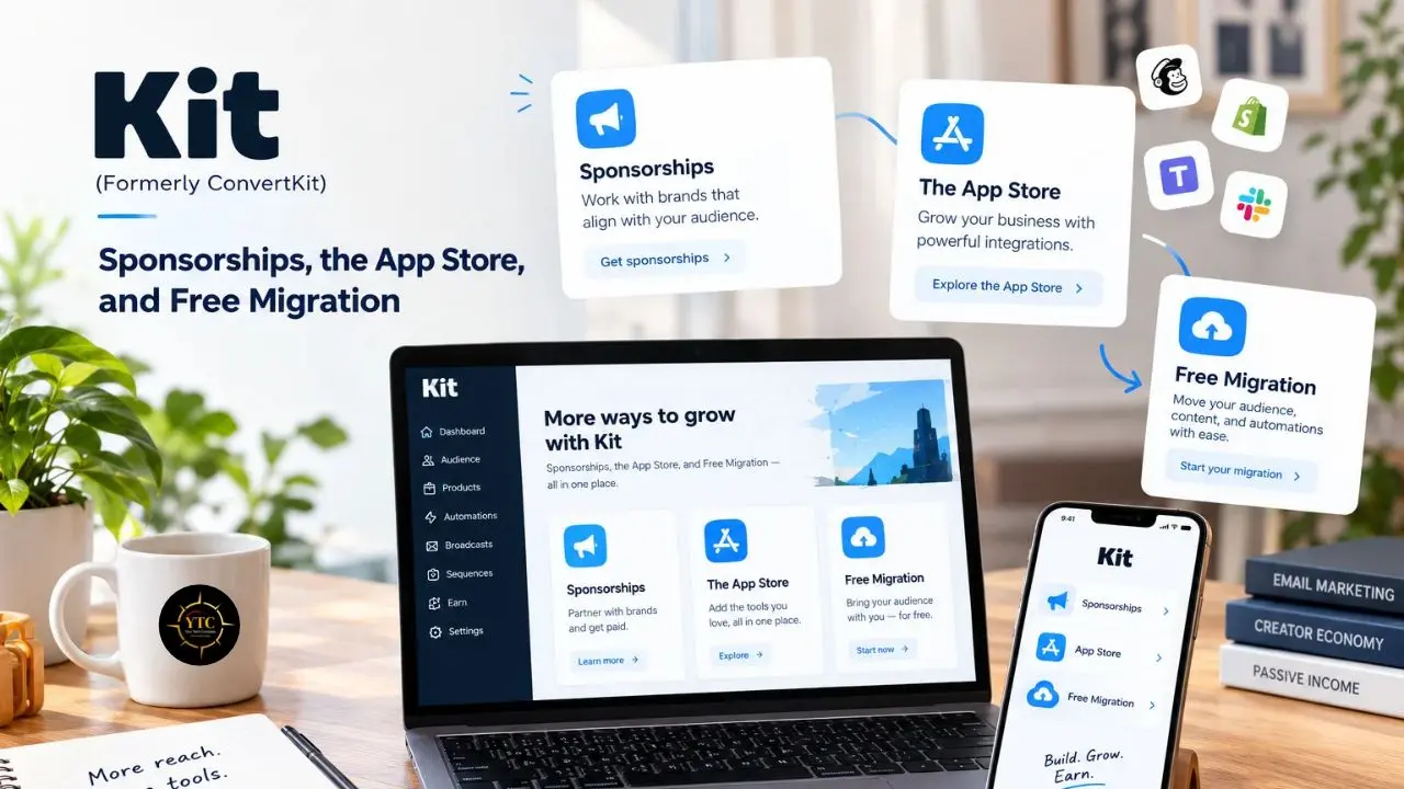 Promotional graphic for Kit, formerly ConvertKit, shows a laptop and phone with its dashboard, plus cards for Sponsorships, The App Store, and Free Migration.