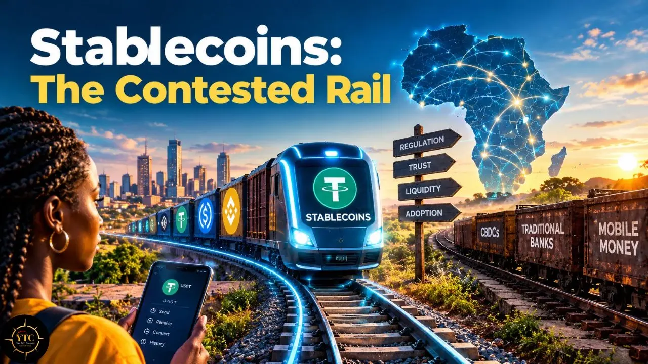 A person holds a phone beside a glowing train labeled “STABLECOINS”; signs read “REGULATION,” “TRUST,” “LIQUIDITY,” and “ADOPTION,” under the title “Stablecoins: The Contested Rail.”