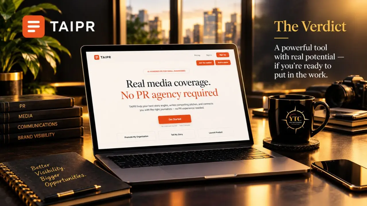 A laptop displays the TAIPR website with “Real media coverage. No PR agency required,” beside books, a notebook, a coffee mug, and a phone.