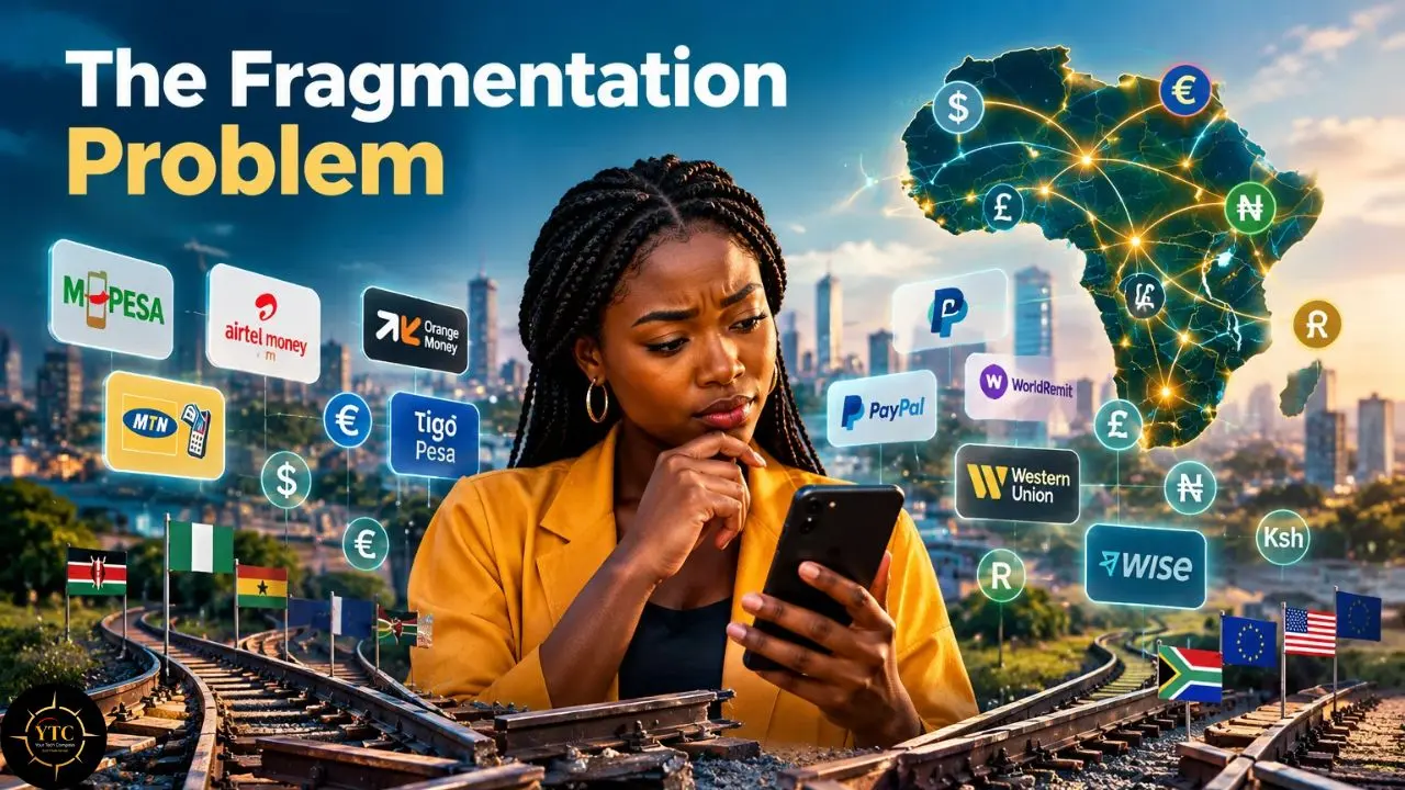 A woman examines her phone amid branching railway tracks, payment-service logos, currency symbols and an illuminated map of Africa; text reads “The Fragmentation Problem.”