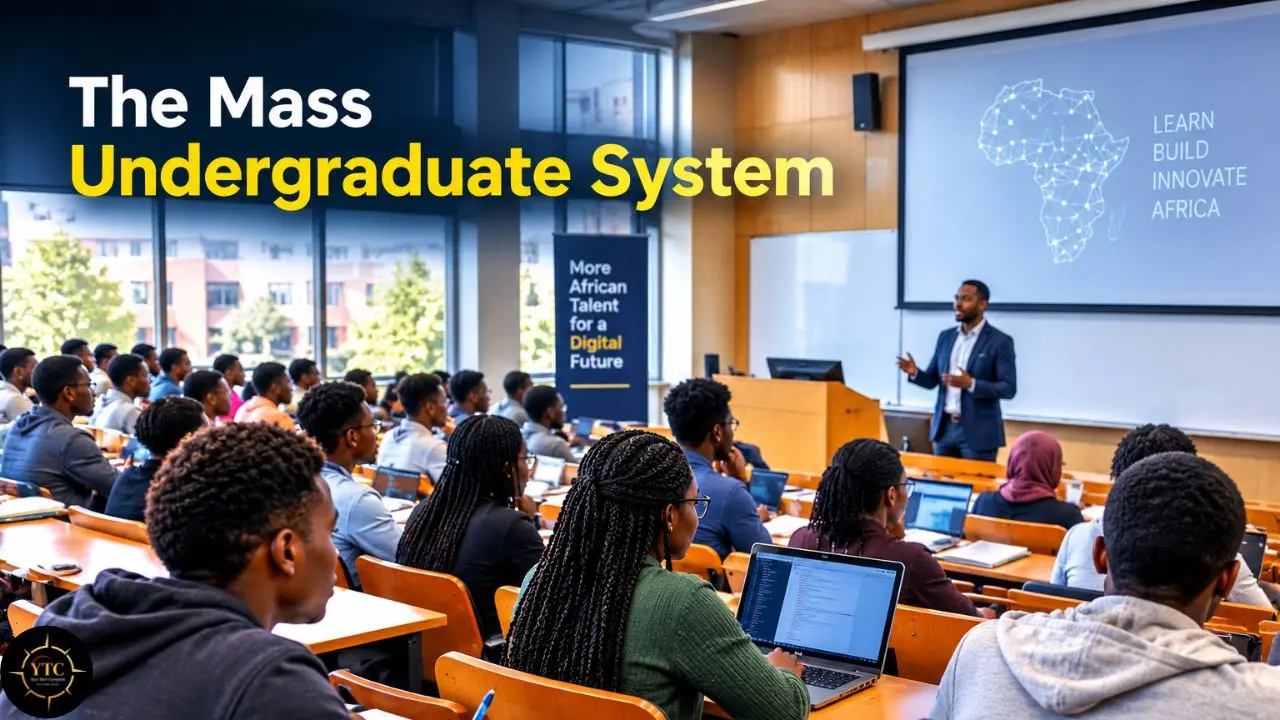 A lecturer addresses a crowded classroom beneath the title “The Mass Undergraduate System”; the screen reads “Learn, Build, Innovate, Africa.”