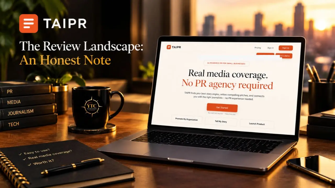 A laptop displays TAIPR’s “Real media coverage. No PR agency required” website beside books, a coffee mug, and a notebook titled “The Review Landscape: An Honest Note.”