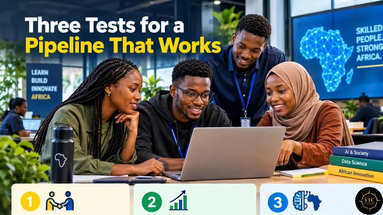 Four young adults gather around a laptop in an office beneath the headline “Three Tests for a Pipeline That Works”; three numbered test panels are partly visible below.