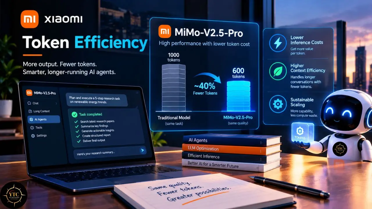 Xiaomi infographic says “Token Efficiency,” comparing MiMo-V2.5-Pro’s 600 tokens with a traditional model’s 1,000 for the same task, beside a laptop and robot.