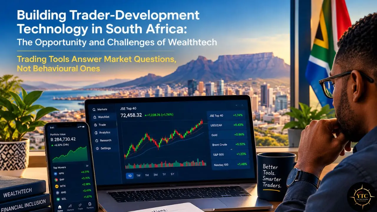 A man studies stock charts on a laptop beside a phone in Cape Town, beneath the headline “Building Trader-Development Technology in South Africa.”