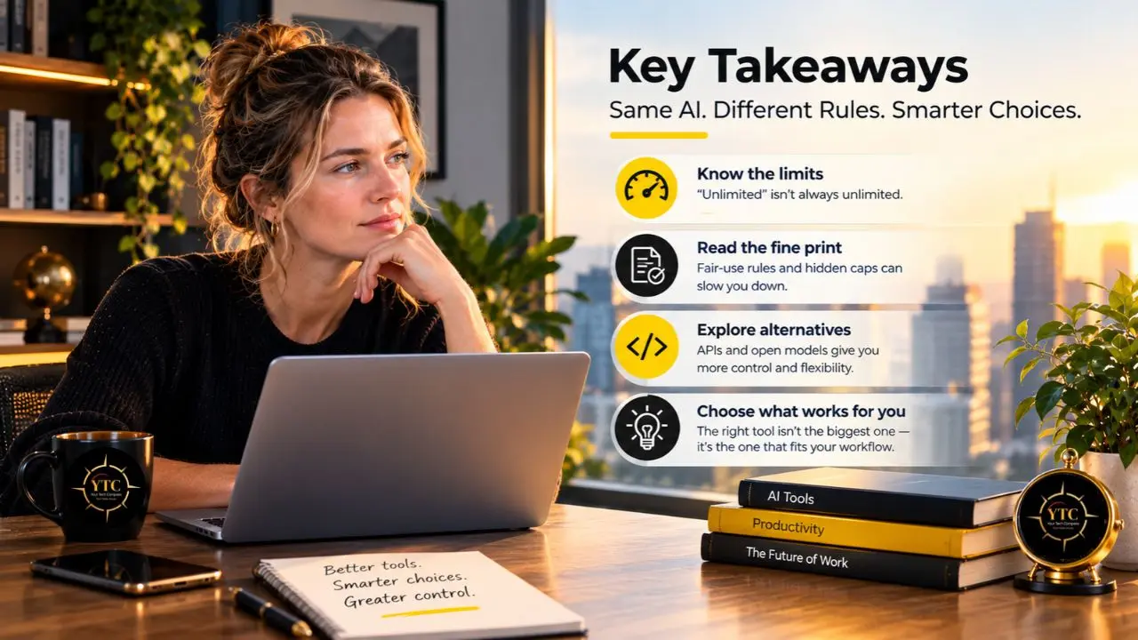 A woman sits at a laptop beside a poster titled “Key Takeaways,” listing four tips about AI tools, with books and a notebook on the desk.