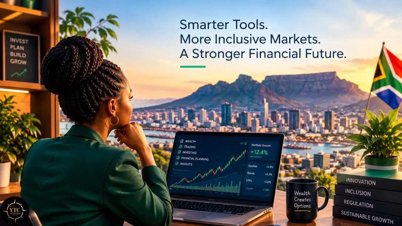 A woman views investment charts on a laptop overlooking Cape Town and Table Mountain; text reads, “Smarter Tools. More Inclusive Markets. A Stronger Financial Future.”