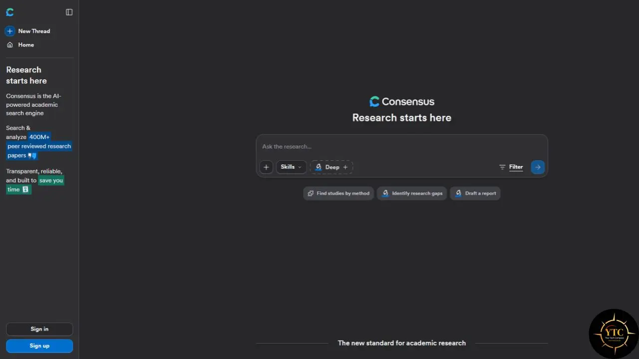 A dark Consensus research-search homepage shows an empty “Ask the research...” box, research shortcuts, and a sidebar promoting peer-reviewed search papers.