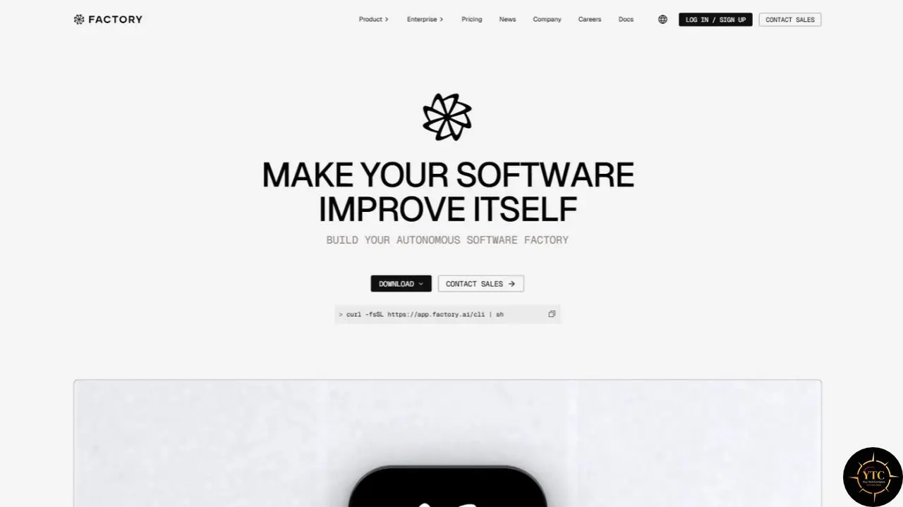 Factory software homepage with the headline “MAKE YOUR SOFTWARE IMPROVE ITSELF,” a download button, a contact sales button, and an install command.