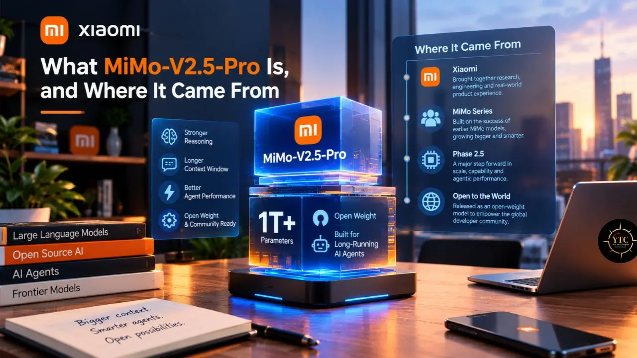 A Xiaomi infographic introduces MiMo-V2.5-Pro, highlighting 1T+ parameters, open weights, long-running AI agents, and its origins in Xiaomi research, MiMo models, and Phase 2.5.