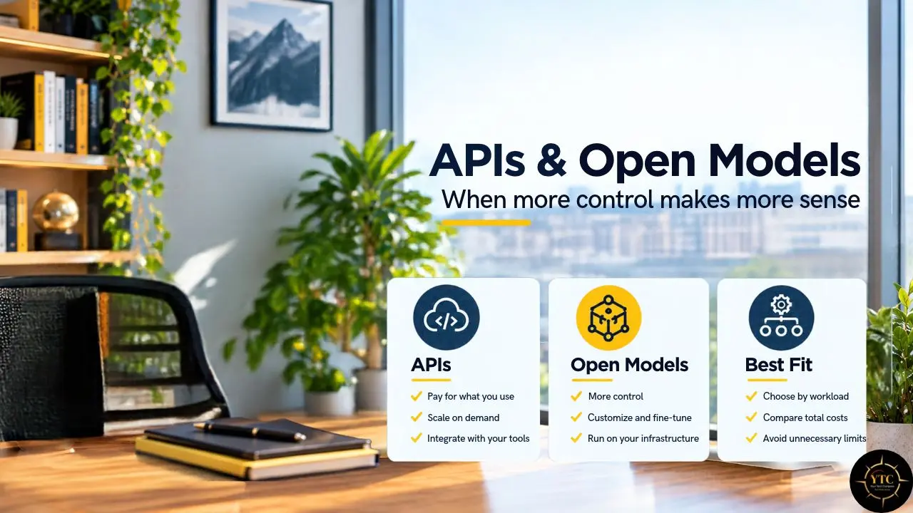 A desk and office plants appear beside an infographic titled “APIs & Open Models: When more control makes more sense,” comparing APIs, Open Models, and Best Fit.