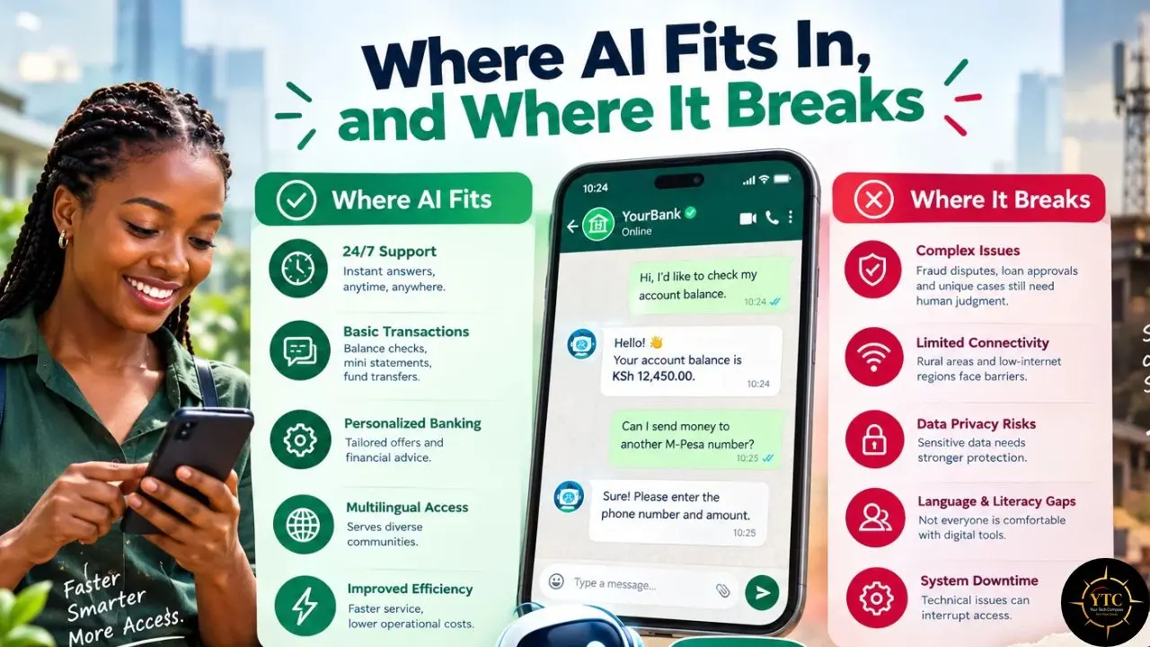 An infographic titled “Where AI Fits In, and Where It Breaks” shows a woman using a phone beside a banking chatbot, with green benefits and red limitations.