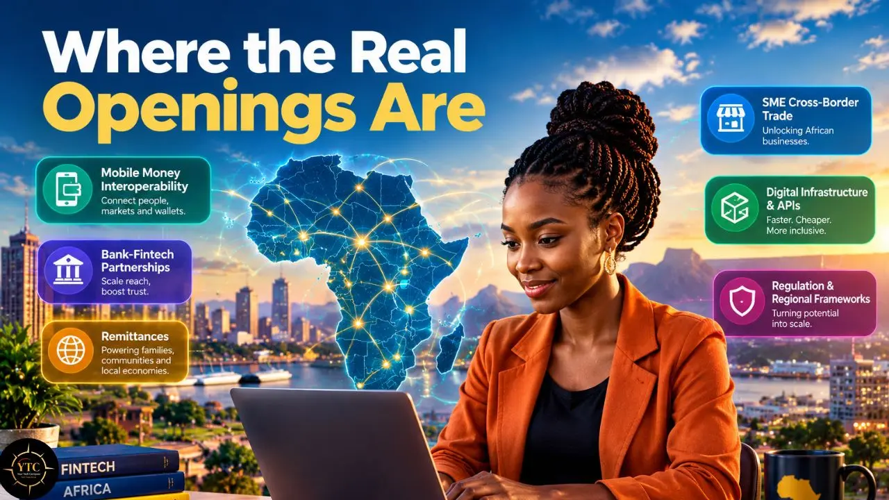 A woman in an orange jacket works at a laptop beside a map of Africa marked with glowing network links; the headline reads “Where the Real Openings Are,” with fintech opportunity labels.