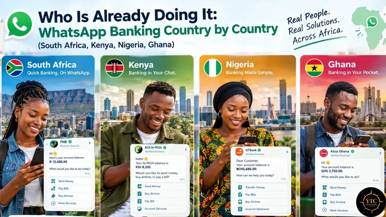 A graphic titled “Who Is Already Doing It: WhatsApp Banking Country by Country” shows people using banking chats in South Africa, Kenya, Nigeria, and Ghana.