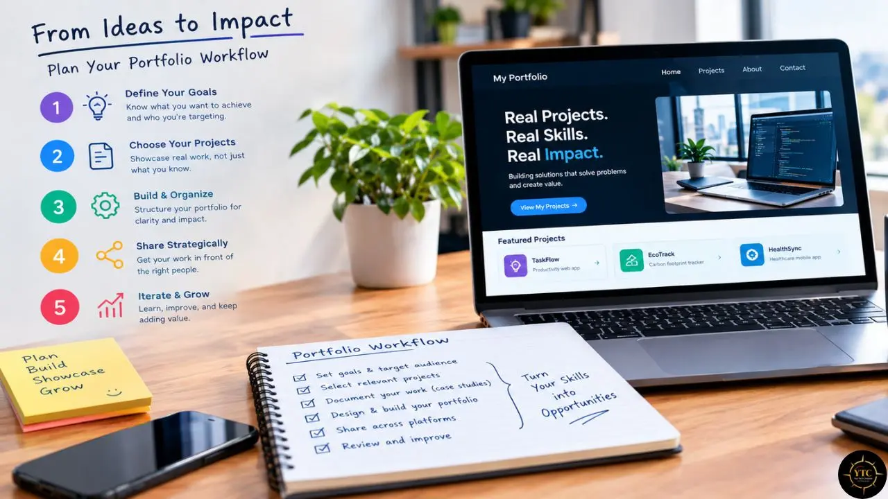A desk displays a portfolio workflow poster, an open notebook checklist, a sticky note, a phone, and a laptop showing a portfolio website.