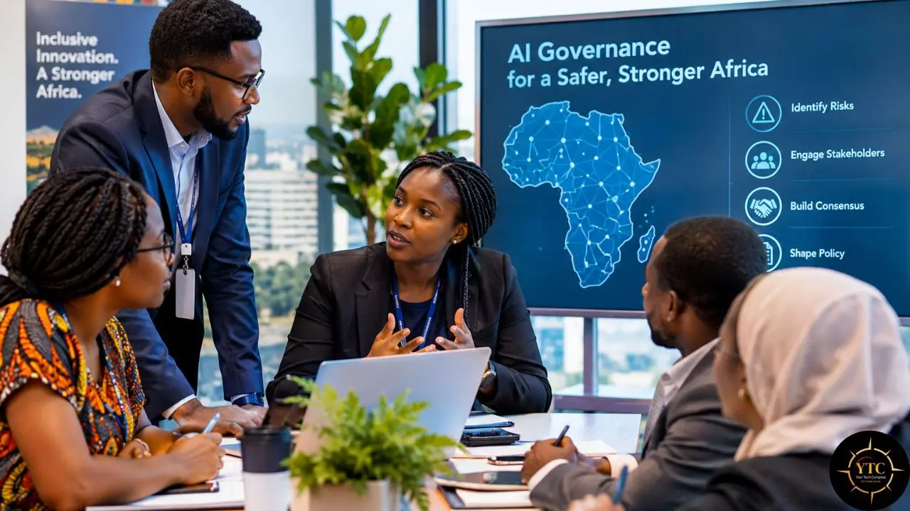 Five colleagues meet around a table as a woman speaks beside a screen reading “AI Governance for a Safer, Stronger Africa,” with a map of Africa and four policy steps.