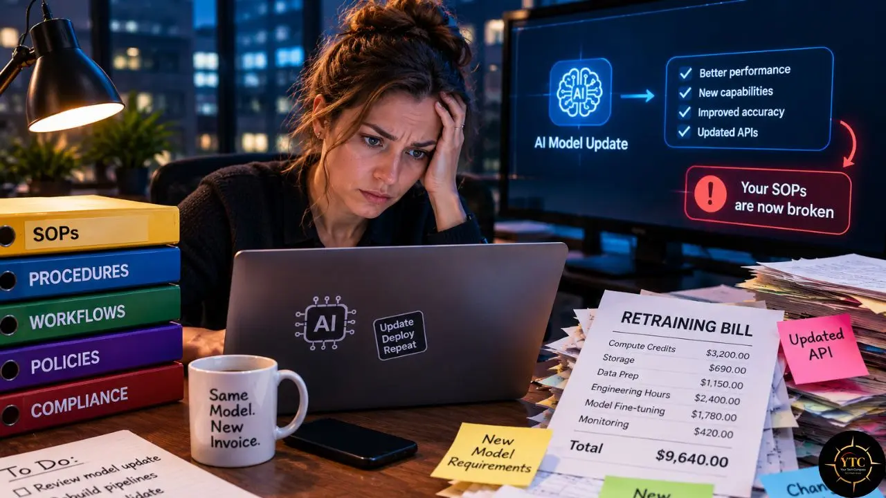 A woman sits at a laptop beside binders and a retraining bill; a monitor says “AI Model Update” and “Your SOPs are now broken.”
